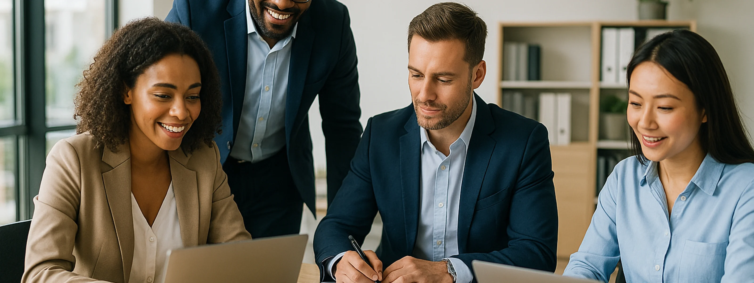 Diverse professionals collaborating in a bright modern office