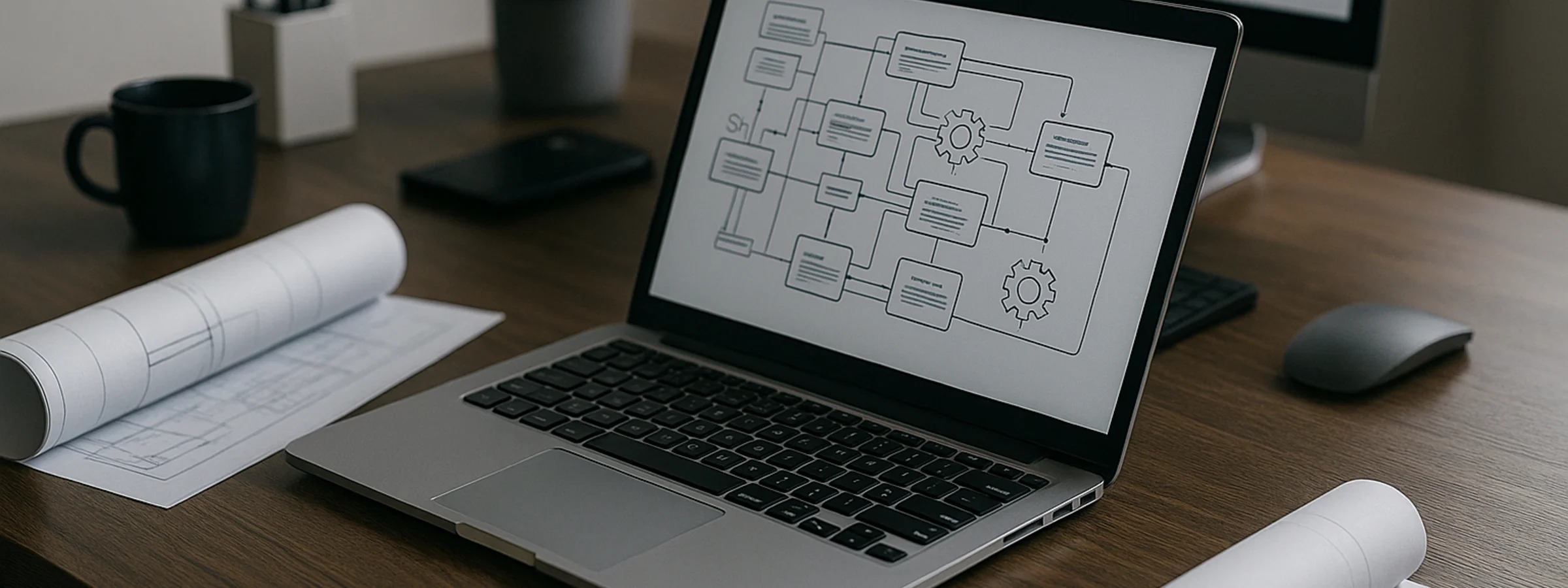 Modern workstation with technical diagrams